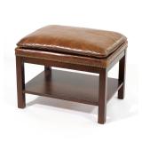 DERCHENG FURNITURE REGENCY LEATHER PILLOW STOOL | Dark-stained wood frame features four straight squ