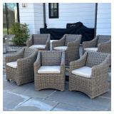(6pc) RESTORATION HARDWARE STYLE ALL-WEATHER WICKER SLOPE ARM CHAIRS | Set of six outdoor armchairs 