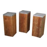 (3pc) CONTEMPORARY RECLAIMED WOOD AND STONE TOPPED PEDESTALS | This set of three matching pedestals 