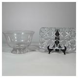 (2pc) CONTEMPORARY CLEAR GLASS PEDESTAL BOWL AND DIVIDED SERVING DISH | This lot features a clear gl