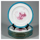 (8pc) MINTON PORCELAIN LUNCHEON PLATES WITH TURQUOISE BORDERS AND PUCE CHERUB SCENES | Set of eight 