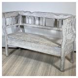 DISTRESSED WHITEWASHED WOOD STORAGE BENCH WITH SPINDLES | This wooden bench features a distressed wh