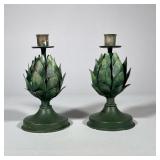 PAIR OF PAINTED METAL TÔLE ARTICHOKE CANDLESTICKS | A pair of painted metal candlesticks modeled in 