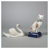 (2pc) ROYAL COPENHAGEN SWAN AND PORCELAIN EXPORT STYLE CAT FIGURINES | Group includes a white glazed