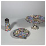 (3pc) CROWN DUCAL PORCELAIN BLUE CHINTZ TABLEWARE WITH SILVERPLATE MOUNTS | Three-piece porcelain as