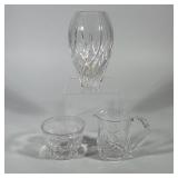 (3pc) MARQUIS BY WATERFORD VASE, ROGASKA BOWL, AND CRYSTAL CREAMER | Three-piece collection of cut c