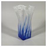 BLUE AND WHITE RUFFLE RIM ART GLASS VASE | Hand-blown art glass vase featuring a square base and a w