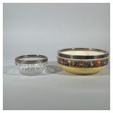 (2pc) REGINA WARE CERAMIC FRUIT BOWL AND CUT GLASS BOWL WITH METAL RIMS | A pair of vintage bowls fe
