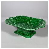 GREEN GLAZED MAJOLICA STYLE CERAMIC SUNFLOWER PEDESTAL DISH | Rectangular ceramic pedestal dish feat