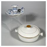 BLUE AND WHITE FAIENCE CHAMBERSTICK & GOLD TRIMMED COVERED CASSEROLE | Includes a white ceramic cove
