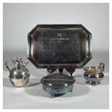 (4pc) GROUP OF ASSORTED SILVERPLATE TABLEWARES INCLUDING COMMEMORATIVE TRAY | A four-piece collectio