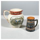 PAIR OF VINTAGE PITCHERS: ENGLISH DICKENS TRANSFERWARE JUG & SMALL MOTTLED MUG | Pair of small vinta
