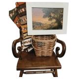 Vintage Wood Rocker, Framed Art, Afghan, And Basket