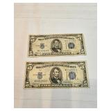 Pair Of 5 Dollar Silver Certificates  Pair Of 5 Dollar Silver Certificates