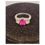 Antique 900 Platinum Ring With Red Sapphire And Diamonds