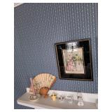 Candle holder, fan, trinkets, framed artwork