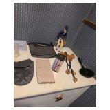 Doll, assorted bags, handkerchiefs, Vintage form stretchers