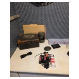 Assorted shoe laces, wooden box, bow tie