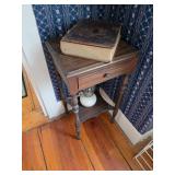 Victorian Small side table with draw, large format bible, oil lamp