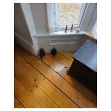 two irons, salt and pepper, wooden chest