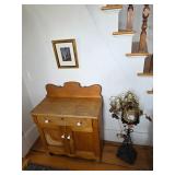 Small pine dry sink or side table with draws and cabinet, plant stand, framed art