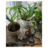 Plants, Copper plant table, oil lamp, bell