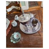Silver tea set, China sugar and creamer, finger bowls