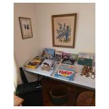 Framed art work, games and puzzles, chess with stone pieces