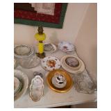 oil lamp, assorted china and plates and bowls
