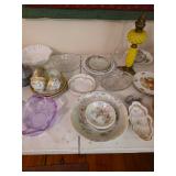 oil lamp, assorted china and plates and bowls, purple dish