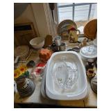 Corningware, glassware, trinkets, tin cups