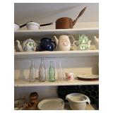vintage glass, teapots, tin pots, plates