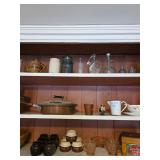 Pink glass, wooden box, cruet, creamer, gravy boat, small bean pots