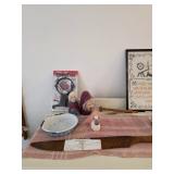 wooden knife, trinket, magnify glass 