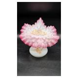 A pink opalescent glass epergne with hobnail surface and hand-painted scroll and floral decoration, 