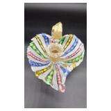  A triangular Murano-style dish featuring latticinio and zanfirico cane patterns in pink and white, 
