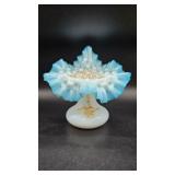 A blue opalescent glass epergne with hobnail pattern and hand-painted orange floral scrolls, measuri