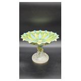 A large Italian hand-painted majolica compote with flared ruffled top decorated in radiating yellow,