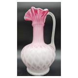 Diamond quilted pink and white satin glass ewer in a Victorian-style shape with crimped ruffled rim 