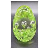 4-inch tall green glass egg-shaped aquarium bubble paperweight, attributed to Murano-style studio gl