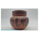 English terracotta tobacco jar in Greek Revival style with black-figure classical figures and meande