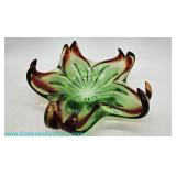 Murano-style hand-blown art glass bowl with green and amethyst pulled-rim lobes in the starfish form