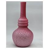 Diamond quilted satin glass vase with bulbous base and tall neck, in cranberry cased glass style fro