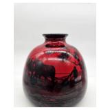 Royal Doulton flambe glazed art pottery vase featuring a plowman and horses scene in black silhouett