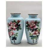 Pair of Japanese enamel vases with red and white peony blossoms on a turquoise ground, silvered rims