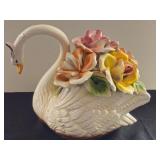  Capodimonte porcelain swan and floral basket with multicolored flowers; measures 11"