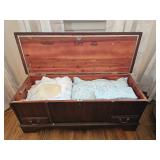 Lane cedar chest with floral upholstered top and contents measures 25.5" x 22" x 13"