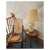 Bentwood style rocking chair with cane back and seat, turned wood side table measuring 20 inches dee