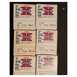 Six boxes of Western Super X 410 Ga. shotgun shells, each containing 25 shells with 6 sho