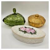 Charlton hand decorated milk glass dresser box with raised floral relief and pink rose decoration, m